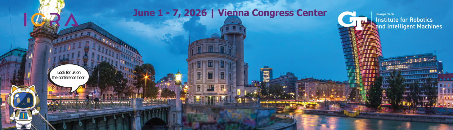 This image depicts the Urania building and the UNIQA Tower situated along the Danube Canal in Vienna and has a small cartoon robot cat announcing that Georgia Tech will be in Vienna for the 2026 IEEE International Conference on Robotics and Automation