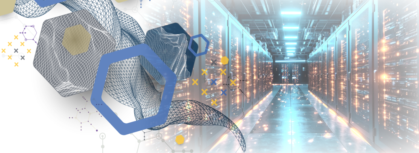 Hexagonal Shapes superimposed over a supercomputer server room