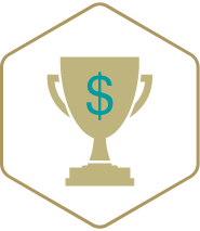 Icon graphic with a trophy and dollar sign showing awards won