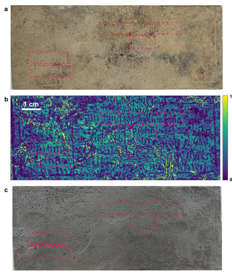 <p>Comparison of the inscription on (a) the original cross before corrosion removal, (b) the final terahertz image after post-processing, and (c) the cross after corrosion removal.</p>