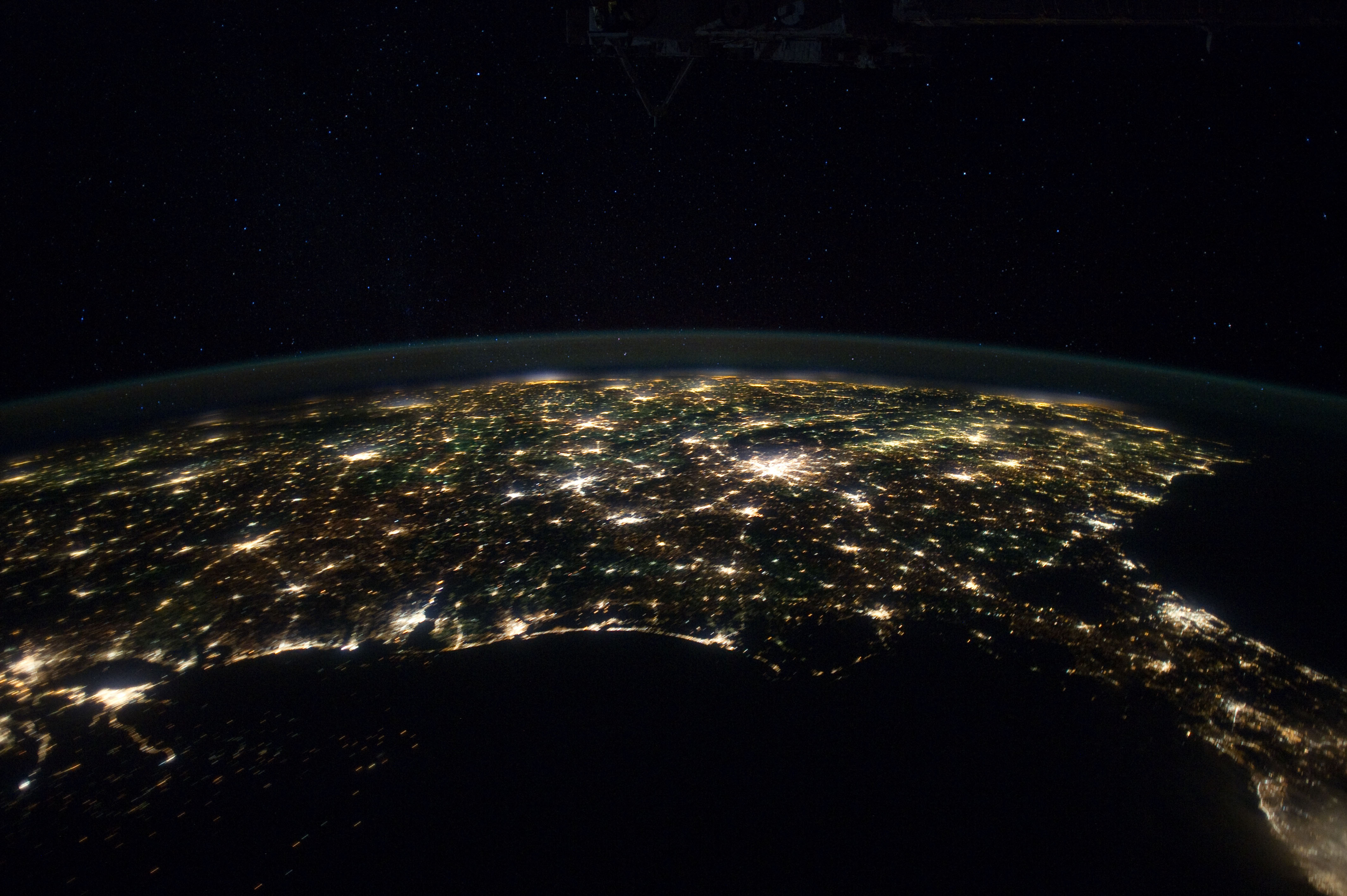 A view of the city lights of the Southeastern US from orbit.