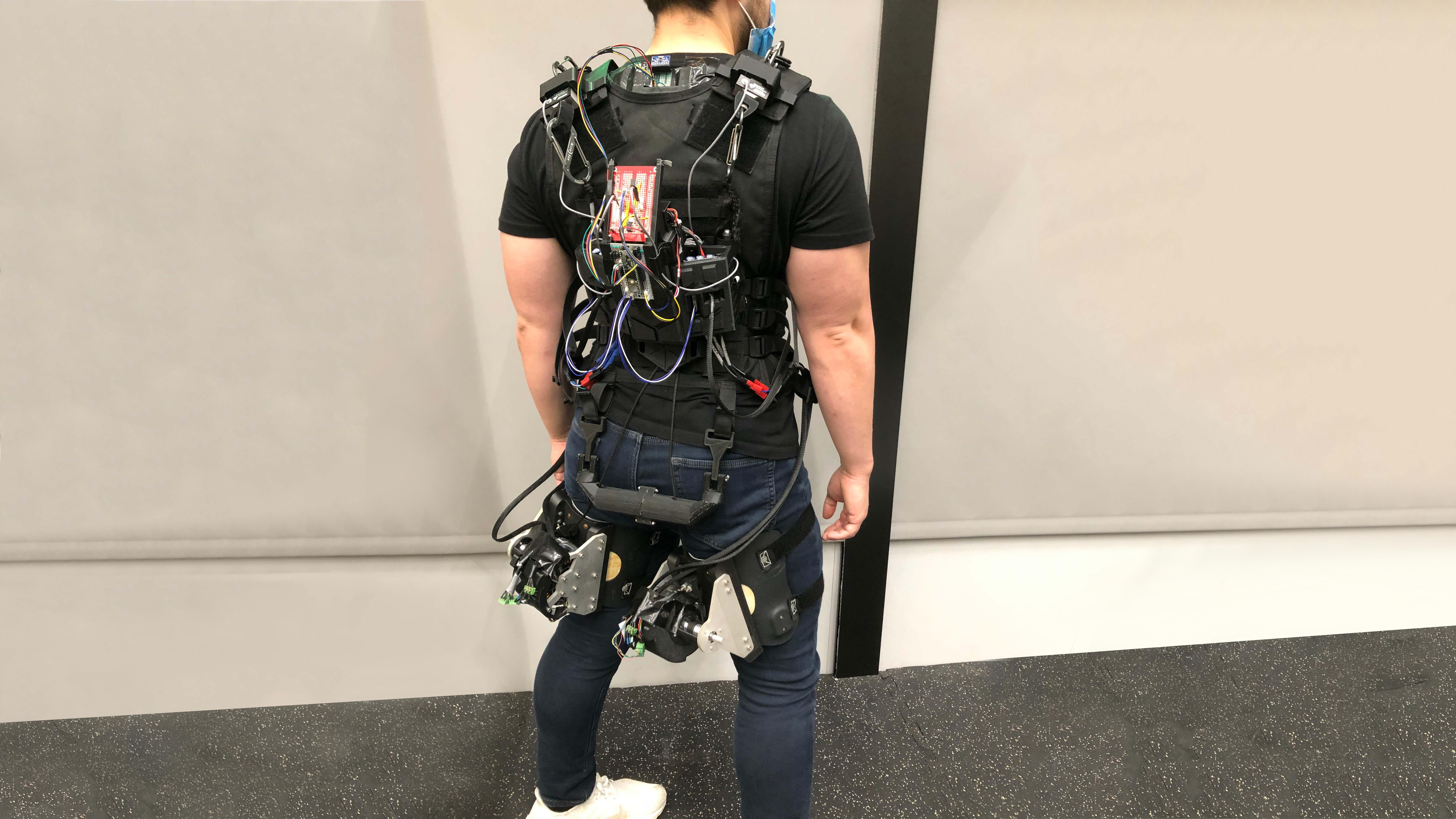 A student wearing the Asymmetric Back eXosuit (ABX) developed at Georgia Tech.