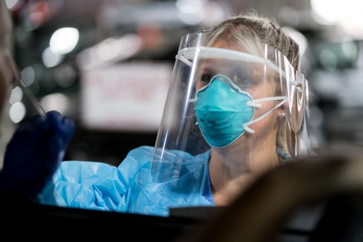 <p>Robin Mauldin, RN, BSN, wears a face shield at Prisma Health Medical Group in Columbia, South Carolina. The shield was produced through a manufacturing effort launched by Georgia Tech and supported by a group of industrial collaborators. (Prisma Health Midlands Foundation)</p>