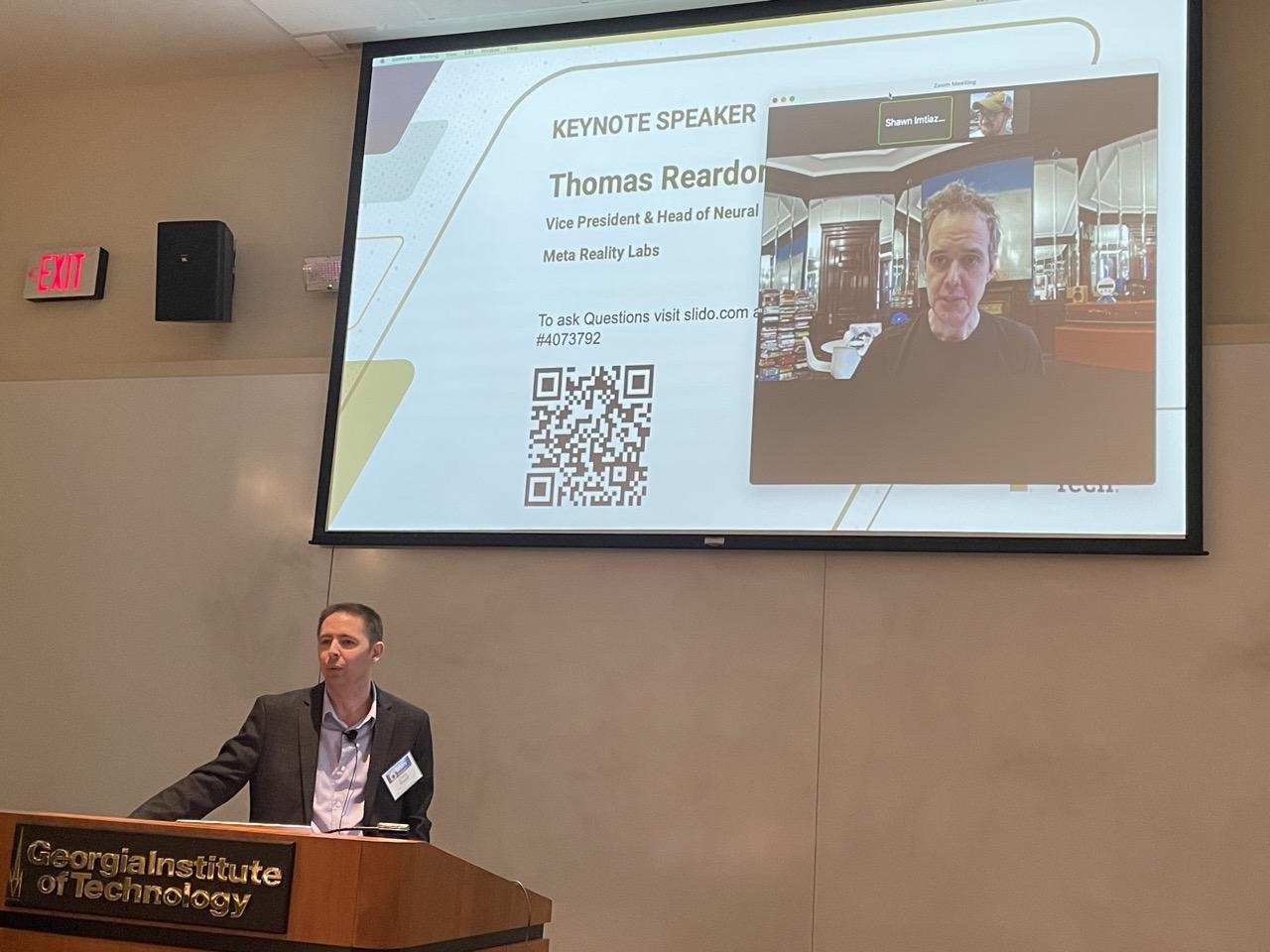 Meta Lab's Thomas Reardon (pictured on screen) and Chris Rozell, professor and Julian T. Hightower Chair in the School of Electrical and Computer Engineering